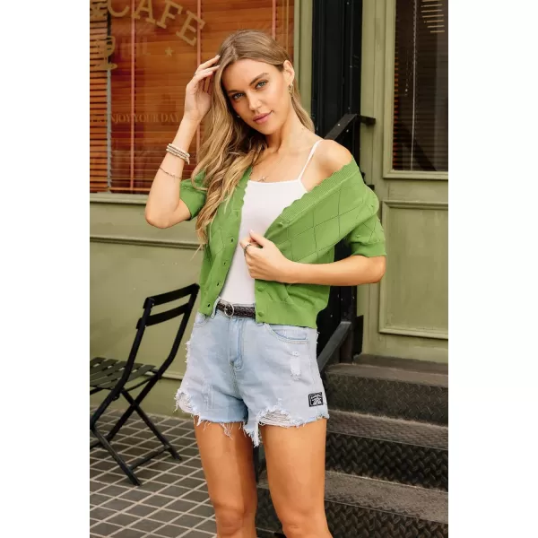 GRACE KARIN Womens Cropped Cardigan Puff Short Sleeve Sweaters Tops VNeck Button KnitwearGreen