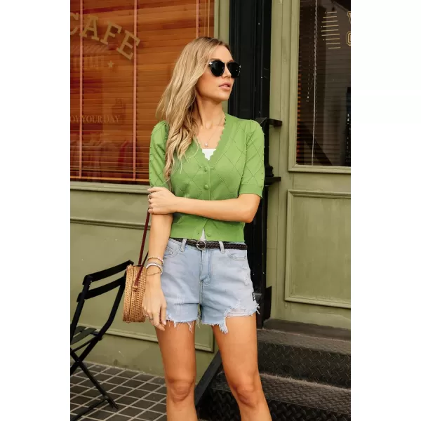 GRACE KARIN Womens Cropped Cardigan Puff Short Sleeve Sweaters Tops VNeck Button KnitwearGreen