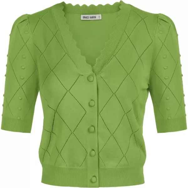 GRACE KARIN Womens Cropped Cardigan Puff Short Sleeve Sweaters Tops VNeck Button KnitwearGreen