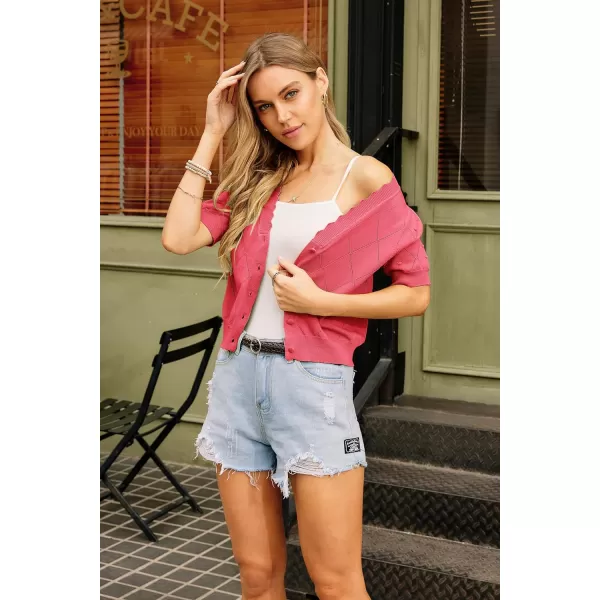 GRACE KARIN Womens Cropped Cardigan Puff Short Sleeve Sweaters Tops VNeck Button KnitwearHot Pink