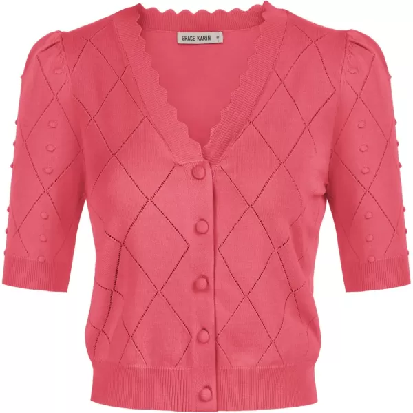 GRACE KARIN Womens Cropped Cardigan Puff Short Sleeve Sweaters Tops VNeck Button KnitwearHot Pink