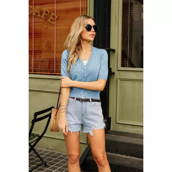 GRACE KARIN Womens Cropped Cardigan Puff Short Sleeve Sweaters Tops VNeck Button KnitwearLight Blue