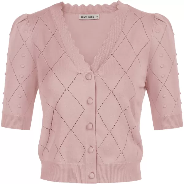 GRACE KARIN Womens Cropped Cardigan Puff Short Sleeve Sweaters Tops VNeck Button KnitwearPink