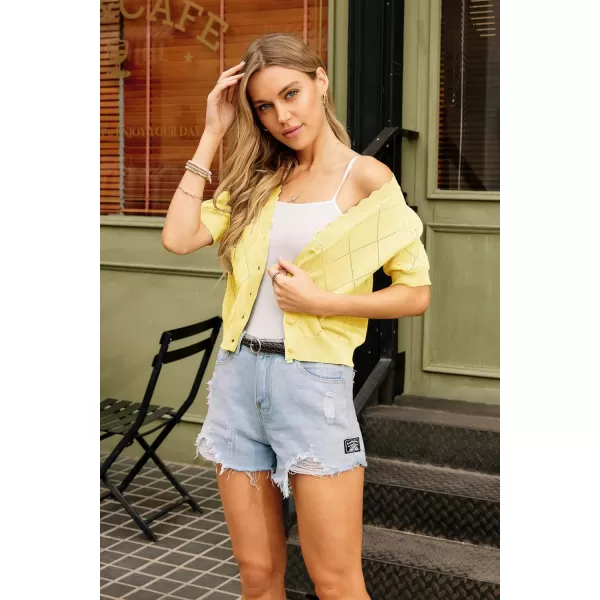 GRACE KARIN Womens Cropped Cardigan Puff Short Sleeve Sweaters Tops VNeck Button KnitwearYellow