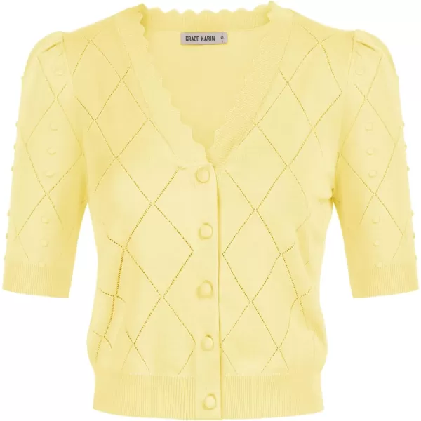 GRACE KARIN Womens Cropped Cardigan Puff Short Sleeve Sweaters Tops VNeck Button KnitwearYellow