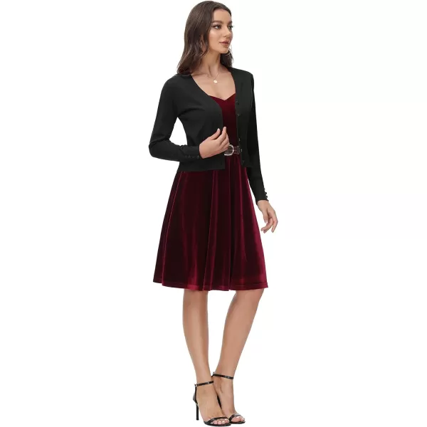 GRACE KARIN Womens Cropped Cardigan VNeck Button Down Open Front Ribbed Knit Shrug SweaterBlacklong Sleeve