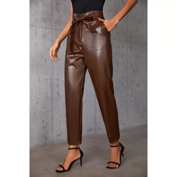 GRACE KARIN Womens Cropped Paper Bag Waist Pants with Pockets1758dark Brown Pu