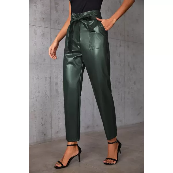 GRACE KARIN Womens Cropped Paper Bag Waist Pants with Pockets1758dark Green Pu