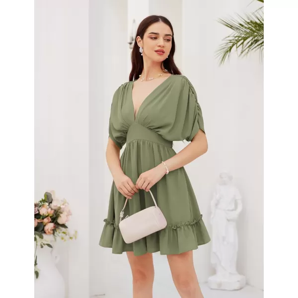 GRACE KARIN Womens Deep V Neck Flowy Mini Dress Ruffle Swing Tiered Smocked High Waist Batwing Summer Short DressArmy Green