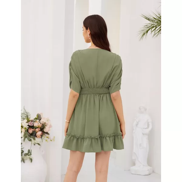 GRACE KARIN Womens Deep V Neck Flowy Mini Dress Ruffle Swing Tiered Smocked High Waist Batwing Summer Short DressArmy Green