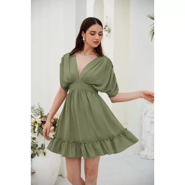 GRACE KARIN Womens Deep V Neck Flowy Mini Dress Ruffle Swing Tiered Smocked High Waist Batwing Summer Short DressArmy Green