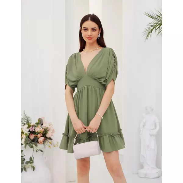 GRACE KARIN Womens Deep V Neck Flowy Mini Dress Ruffle Swing Tiered Smocked High Waist Batwing Summer Short DressArmy Green