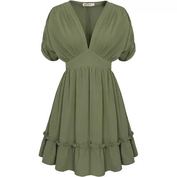 GRACE KARIN Womens Deep V Neck Flowy Mini Dress Ruffle Swing Tiered Smocked High Waist Batwing Summer Short DressArmy Green