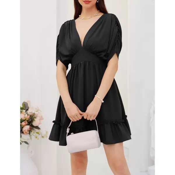 GRACE KARIN Womens Deep V Neck Flowy Mini Dress Ruffle Swing Tiered Smocked High Waist Batwing Summer Short DressBlack