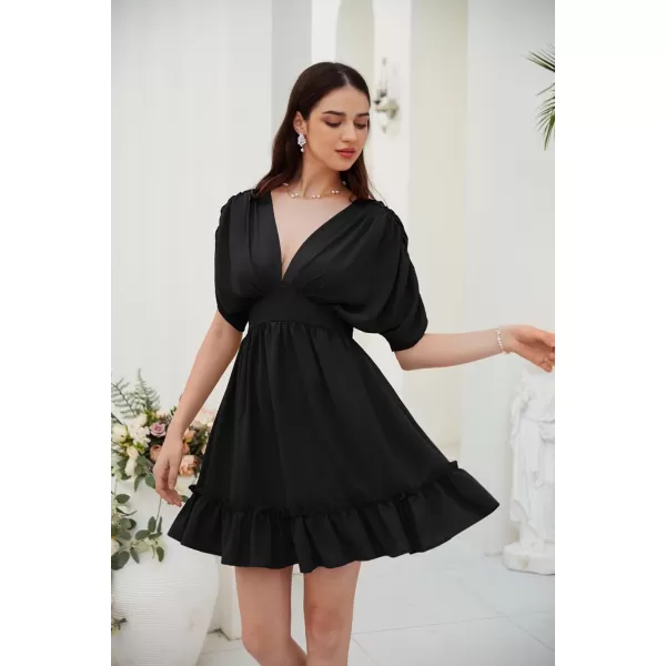 GRACE KARIN Womens Deep V Neck Flowy Mini Dress Ruffle Swing Tiered Smocked High Waist Batwing Summer Short DressBlack