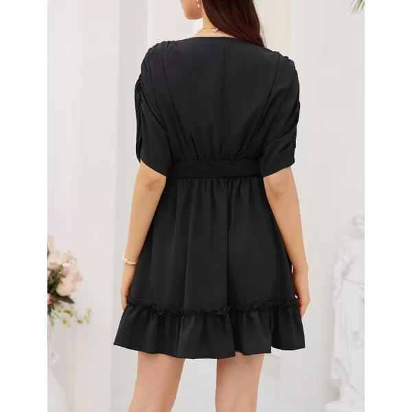 GRACE KARIN Womens Deep V Neck Flowy Mini Dress Ruffle Swing Tiered Smocked High Waist Batwing Summer Short DressBlack