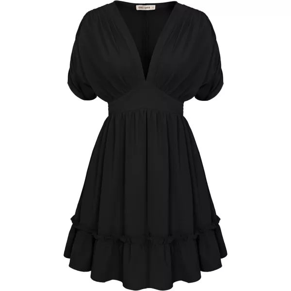 GRACE KARIN Womens Deep V Neck Flowy Mini Dress Ruffle Swing Tiered Smocked High Waist Batwing Summer Short DressBlack