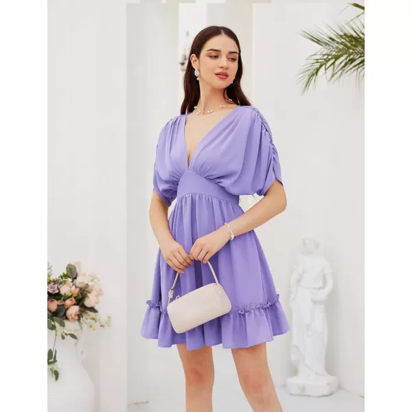 GRACE KARIN Womens Deep V Neck Flowy Mini Dress Ruffle Swing Tiered Smocked High Waist Batwing Summer Short DressPurple