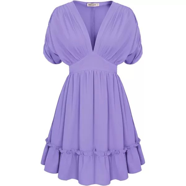 GRACE KARIN Womens Deep V Neck Flowy Mini Dress Ruffle Swing Tiered Smocked High Waist Batwing Summer Short DressPurple