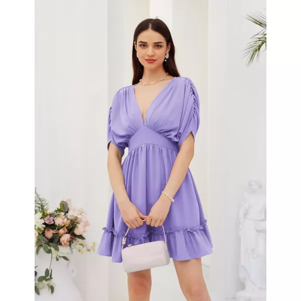 GRACE KARIN Womens Deep V Neck Flowy Mini Dress Ruffle Swing Tiered Smocked High Waist Batwing Summer Short DressPurple