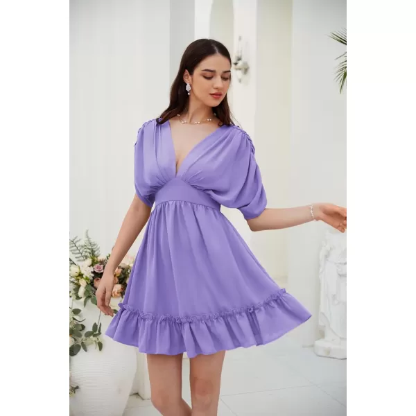 GRACE KARIN Womens Deep V Neck Flowy Mini Dress Ruffle Swing Tiered Smocked High Waist Batwing Summer Short DressPurple