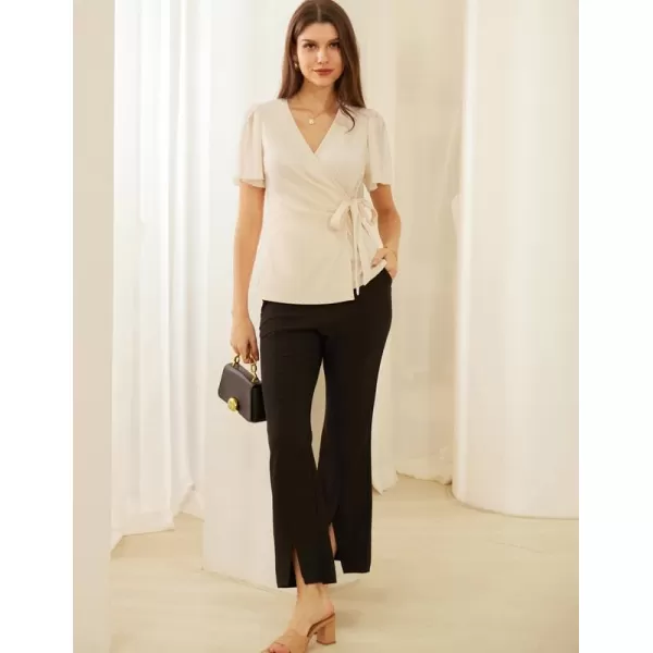 GRACE KARIN Womens Dressy Tops Flowing Chiffon Short Sleeve Blouses 2024 Summer Blouses V Neck Wrap Business Work Shirts TopsApricot