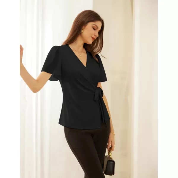 GRACE KARIN Womens Dressy Tops Flowing Chiffon Short Sleeve Blouses 2024 Summer Blouses V Neck Wrap Business Work Shirts TopsBlack