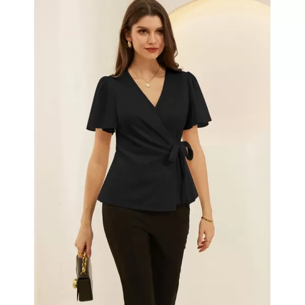 GRACE KARIN Womens Dressy Tops Flowing Chiffon Short Sleeve Blouses 2024 Summer Blouses V Neck Wrap Business Work Shirts TopsBlack