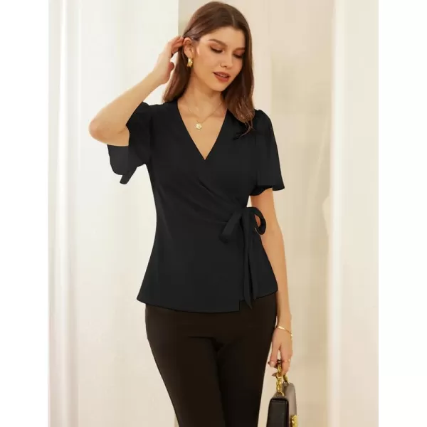 GRACE KARIN Womens Dressy Tops Flowing Chiffon Short Sleeve Blouses 2024 Summer Blouses V Neck Wrap Business Work Shirts TopsBlack