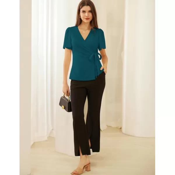 GRACE KARIN Womens Dressy Tops Flowing Chiffon Short Sleeve Blouses 2024 Summer Blouses V Neck Wrap Business Work Shirts TopsBluegreen