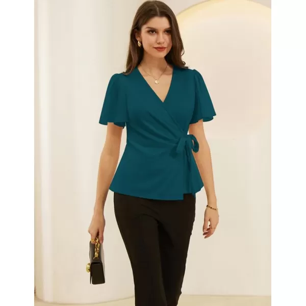 GRACE KARIN Womens Dressy Tops Flowing Chiffon Short Sleeve Blouses 2024 Summer Blouses V Neck Wrap Business Work Shirts TopsBluegreen