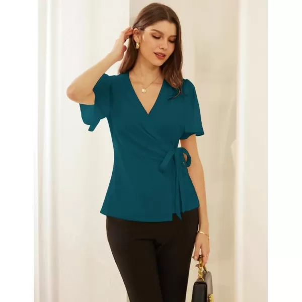 GRACE KARIN Womens Dressy Tops Flowing Chiffon Short Sleeve Blouses 2024 Summer Blouses V Neck Wrap Business Work Shirts TopsBluegreen