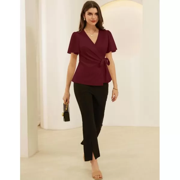 GRACE KARIN Womens Dressy Tops Flowing Chiffon Short Sleeve Blouses 2024 Summer Blouses V Neck Wrap Business Work Shirts TopsBurgundy