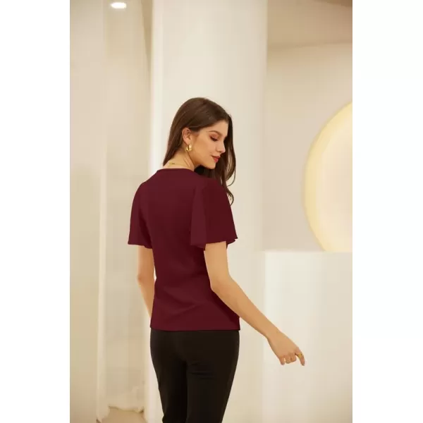 GRACE KARIN Womens Dressy Tops Flowing Chiffon Short Sleeve Blouses 2024 Summer Blouses V Neck Wrap Business Work Shirts TopsBurgundy