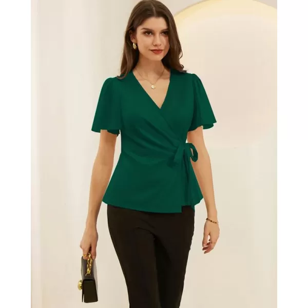 GRACE KARIN Womens Dressy Tops Flowing Chiffon Short Sleeve Blouses 2024 Summer Blouses V Neck Wrap Business Work Shirts TopsDark Green