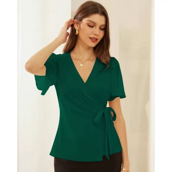 GRACE KARIN Womens Dressy Tops Flowing Chiffon Short Sleeve Blouses 2024 Summer Blouses V Neck Wrap Business Work Shirts TopsDark Green