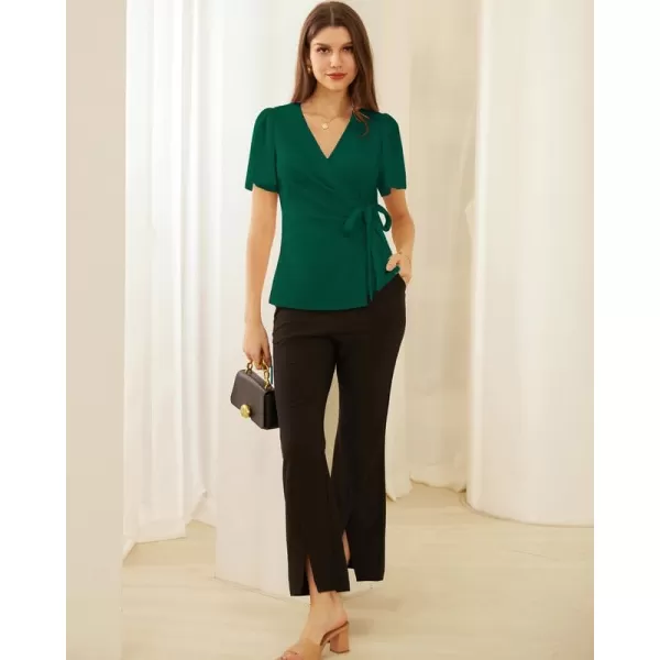 GRACE KARIN Womens Dressy Tops Flowing Chiffon Short Sleeve Blouses 2024 Summer Blouses V Neck Wrap Business Work Shirts TopsDark Green