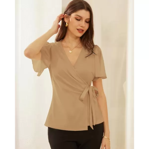 GRACE KARIN Womens Dressy Tops Flowing Chiffon Short Sleeve Blouses 2024 Summer Blouses V Neck Wrap Business Work Shirts TopsKhaki