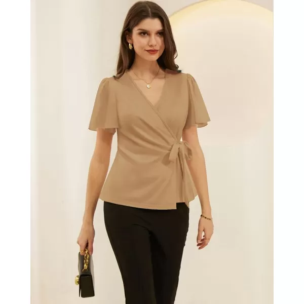 GRACE KARIN Womens Dressy Tops Flowing Chiffon Short Sleeve Blouses 2024 Summer Blouses V Neck Wrap Business Work Shirts TopsKhaki