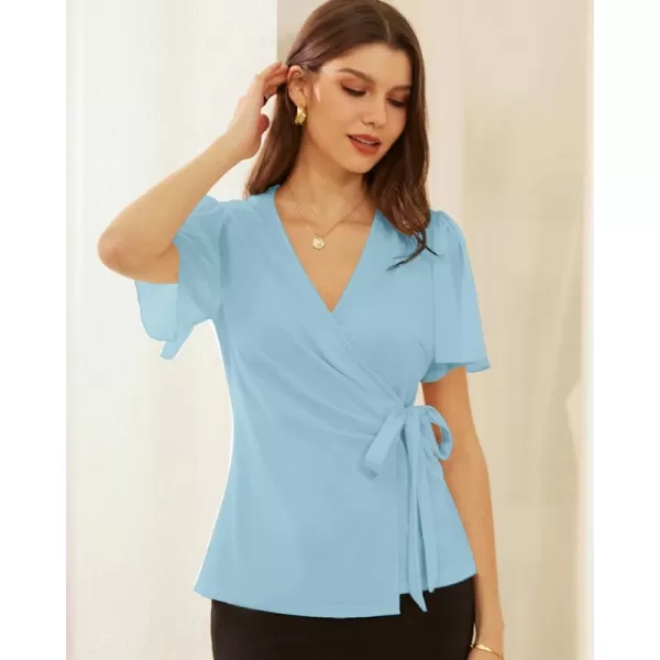 GRACE KARIN Womens Dressy Tops Flowing Chiffon Short Sleeve Blouses 2024 Summer Blouses V Neck Wrap Business Work Shirts TopsLight Blue