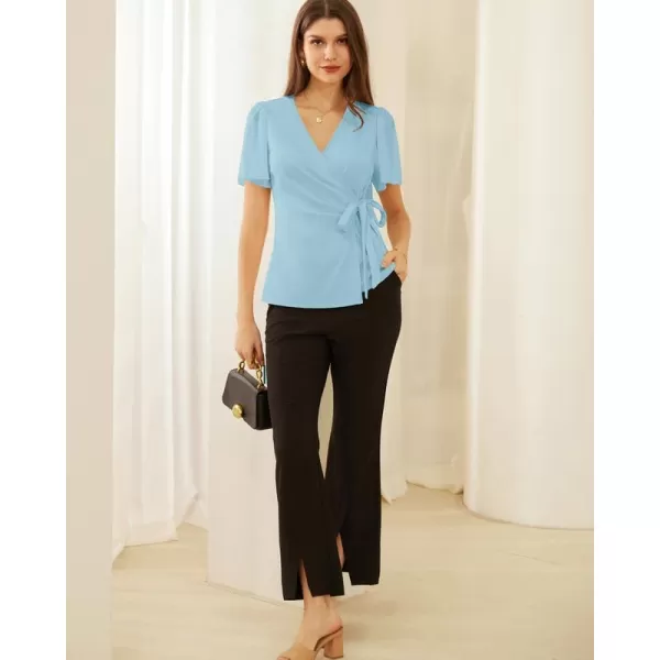 GRACE KARIN Womens Dressy Tops Flowing Chiffon Short Sleeve Blouses 2024 Summer Blouses V Neck Wrap Business Work Shirts TopsLight Blue