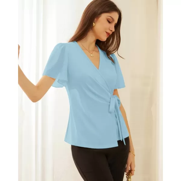 GRACE KARIN Womens Dressy Tops Flowing Chiffon Short Sleeve Blouses 2024 Summer Blouses V Neck Wrap Business Work Shirts TopsLight Blue