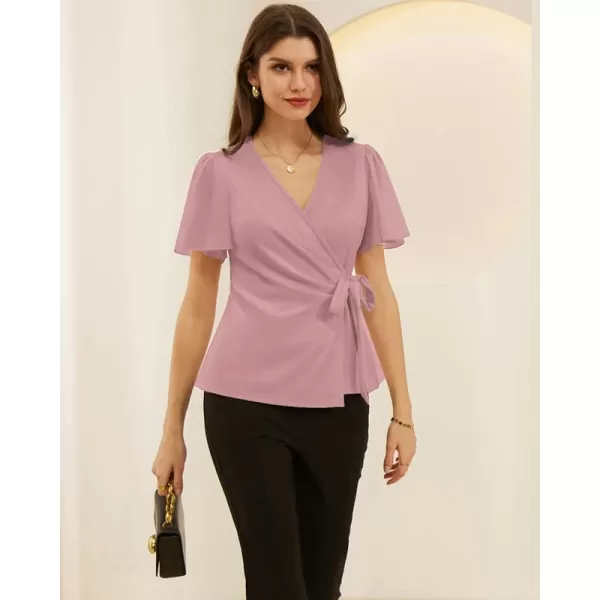 GRACE KARIN Womens Dressy Tops Flowing Chiffon Short Sleeve Blouses 2024 Summer Blouses V Neck Wrap Business Work Shirts TopsPink