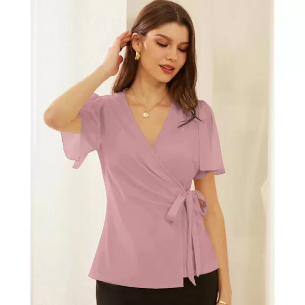 GRACE KARIN Womens Dressy Tops Flowing Chiffon Short Sleeve Blouses 2024 Summer Blouses V Neck Wrap Business Work Shirts TopsPink
