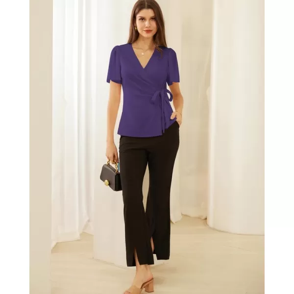GRACE KARIN Womens Dressy Tops Flowing Chiffon Short Sleeve Blouses 2024 Summer Blouses V Neck Wrap Business Work Shirts TopsPurple
