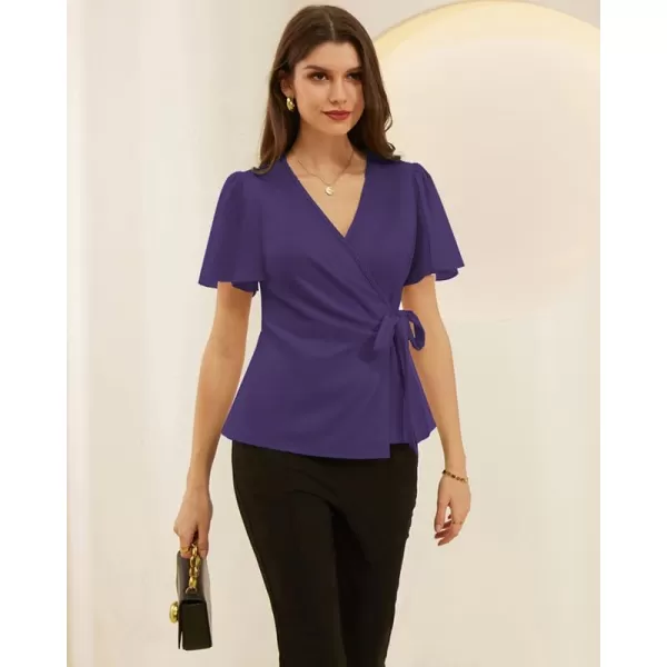 GRACE KARIN Womens Dressy Tops Flowing Chiffon Short Sleeve Blouses 2024 Summer Blouses V Neck Wrap Business Work Shirts TopsPurple