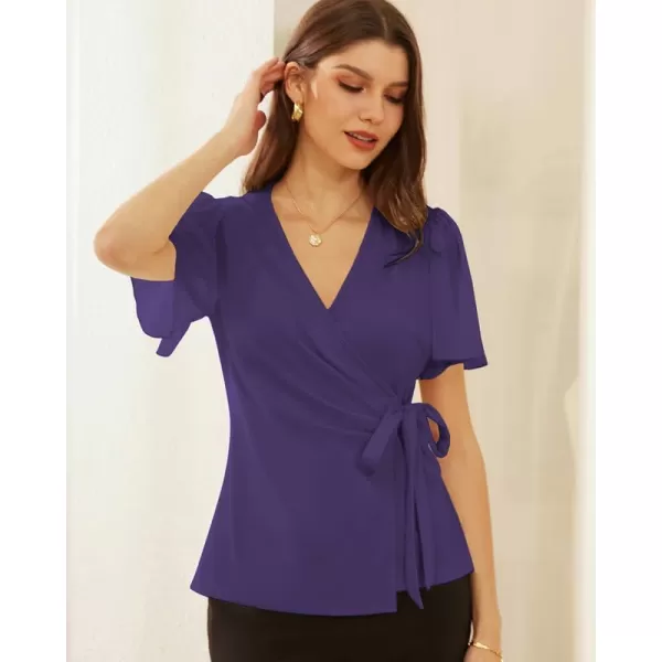 GRACE KARIN Womens Dressy Tops Flowing Chiffon Short Sleeve Blouses 2024 Summer Blouses V Neck Wrap Business Work Shirts TopsPurple