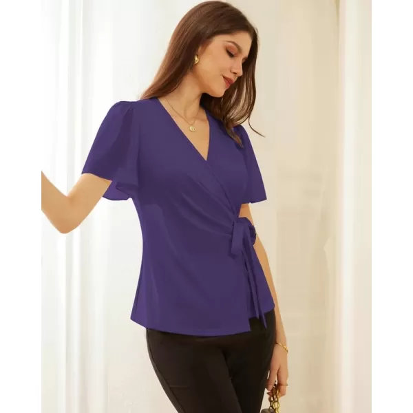 GRACE KARIN Womens Dressy Tops Flowing Chiffon Short Sleeve Blouses 2024 Summer Blouses V Neck Wrap Business Work Shirts TopsPurple