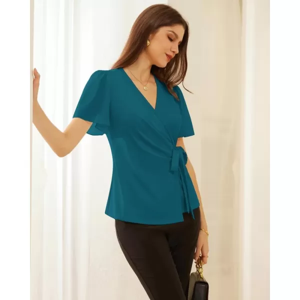 GRACE KARIN Womens Dressy Tops Flowing Chiffon Short Sleeve Blouses 2024 Summer Blouses V Neck Wrap Business Work Shirts TopsRoyal Blue