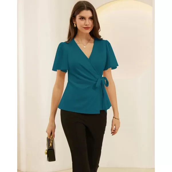 GRACE KARIN Womens Dressy Tops Flowing Chiffon Short Sleeve Blouses 2024 Summer Blouses V Neck Wrap Business Work Shirts TopsRoyal Blue